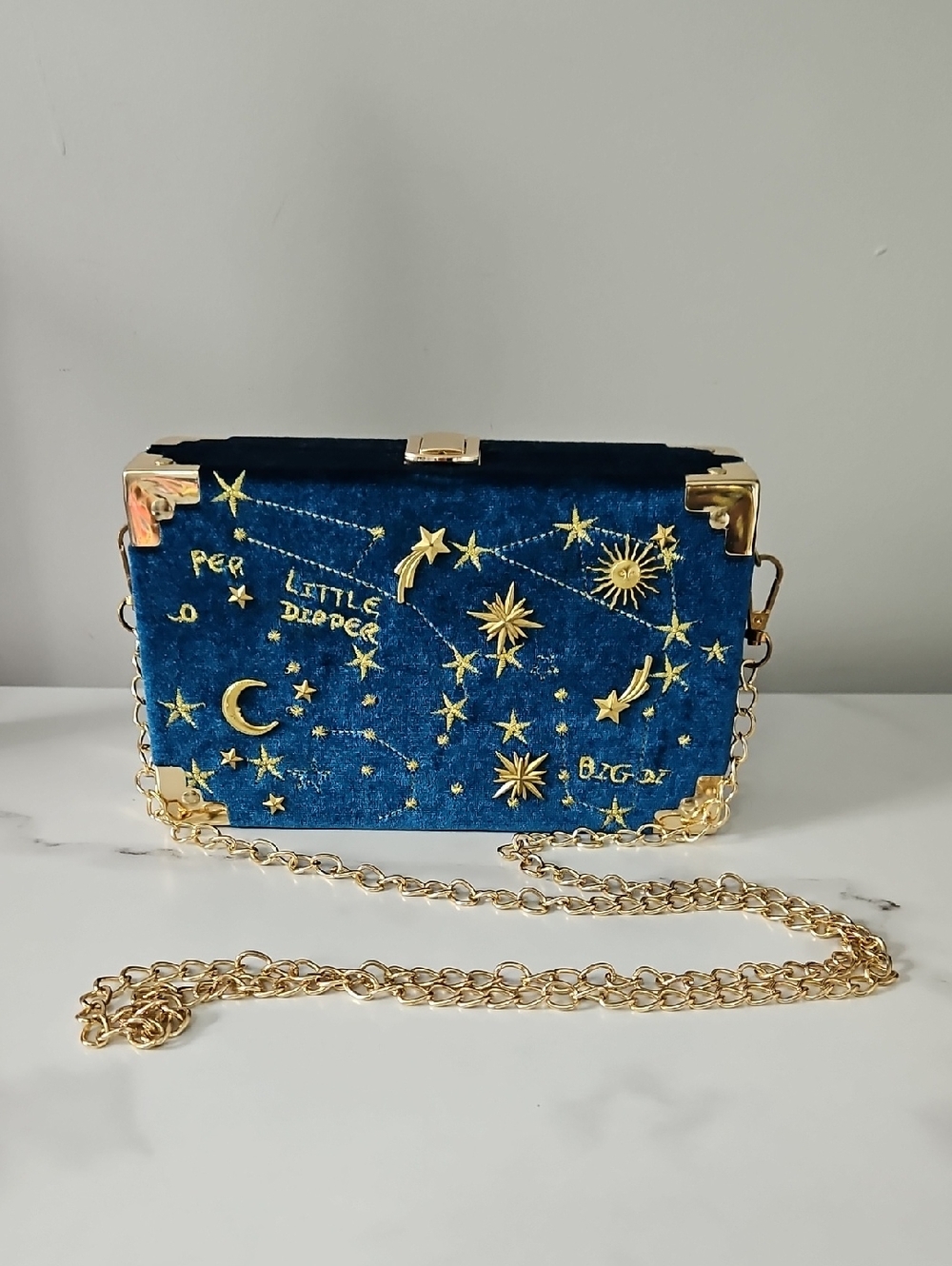 Blue Velvet Box Bag w/ Gold Constellations, Moon & Stars & Gold Removable Chain